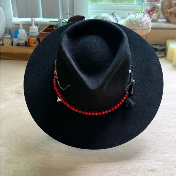 Elegant Black Fedora with Red Bead Detail